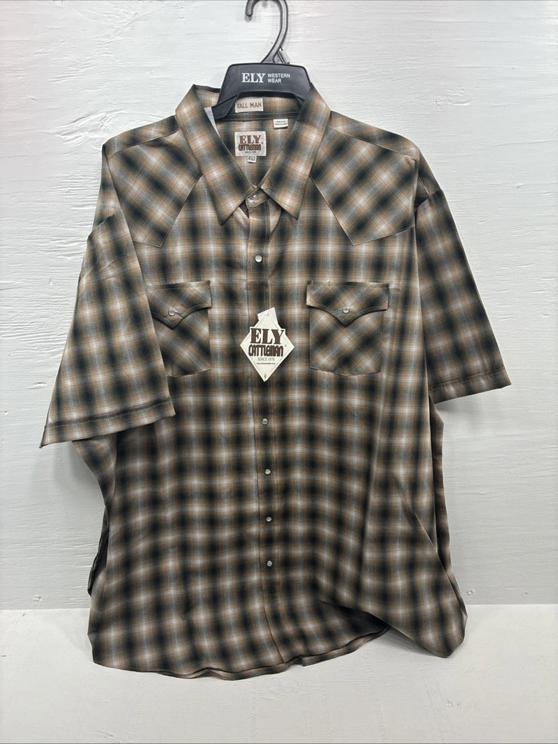 New Men’s ELY Cattleman Yellow Flannel Short Sleeve Pearl Snap 4XL F-51