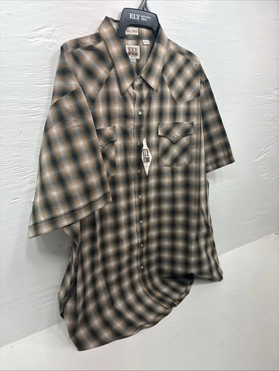 New Men’s ELY Cattleman Yellow Flannel Short Sleeve Pearl Snap 4XL F-51