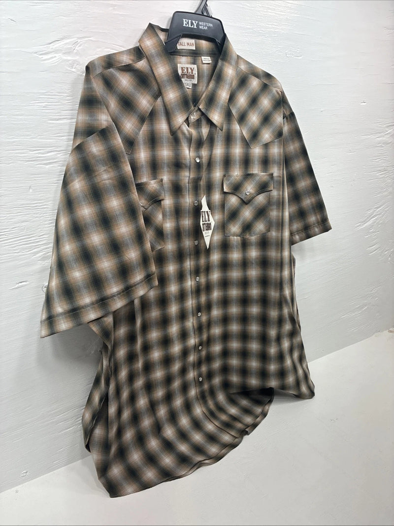 New Men’s ELY Cattleman Yellow Flannel Short Sleeve Pearl Snap 4XL F-51