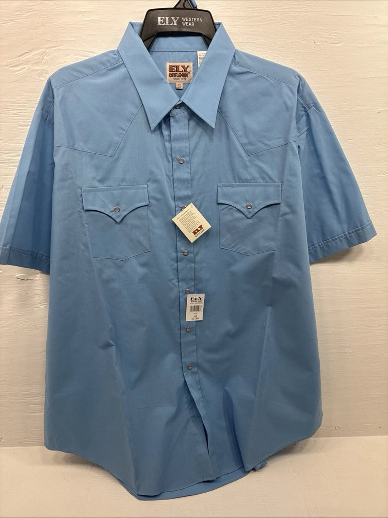 New Men’s ELY Cattleman Blue Short Sleeve Pearl Snap 18.5 2XL F-78