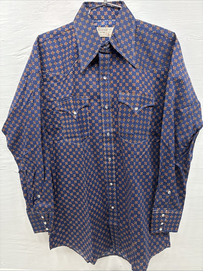 New Men’s Stockman Navy Blue Designed Long Sleeve Pearl Snap 15 Medium H-71