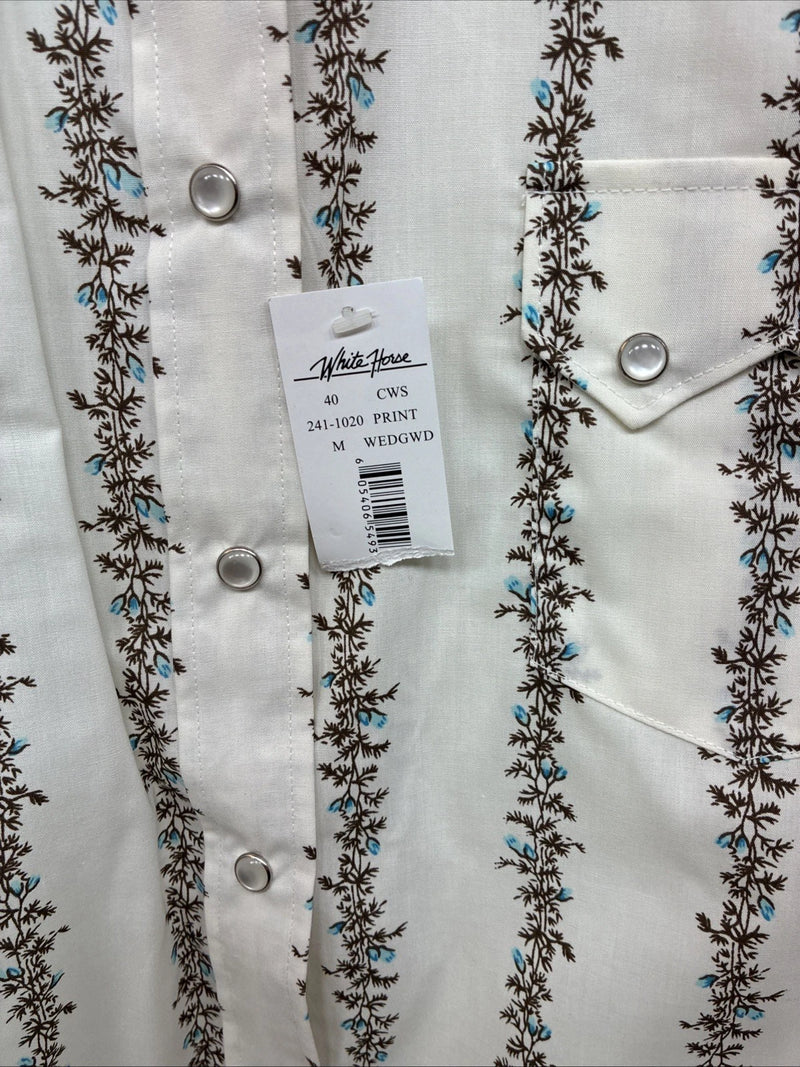 New Women’s White Horse White Floral Long Sleeve Pearl Snap Medium YY-80