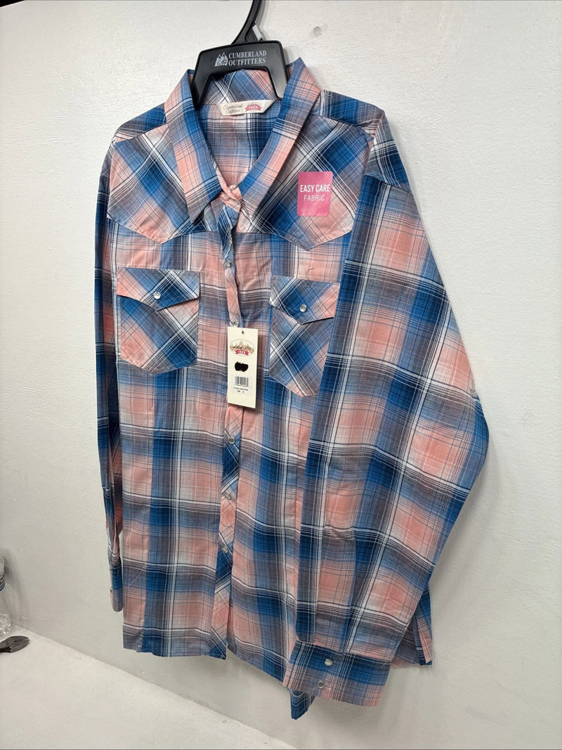 New Women’s Cumberland Pink Blue Plaid Long Sleeve Pearl Snap 3XL GG-47