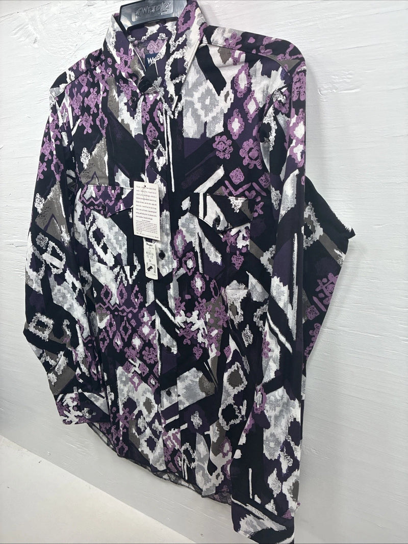 New Men’s Wrangler Black Purple Designed Long Sleeve Button Up Medium V-86