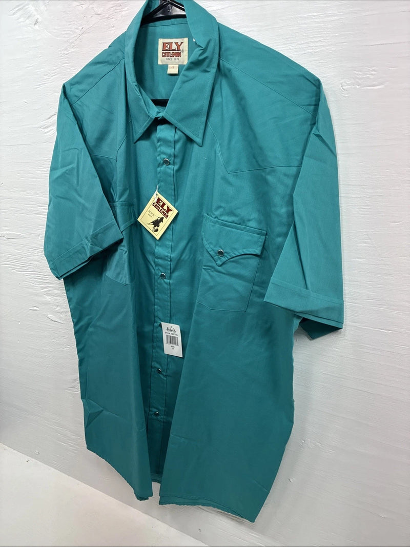 New Men’s ELY Cattleman Teal Short Sleeve Pearl Snap Shirt 17 XL X-107