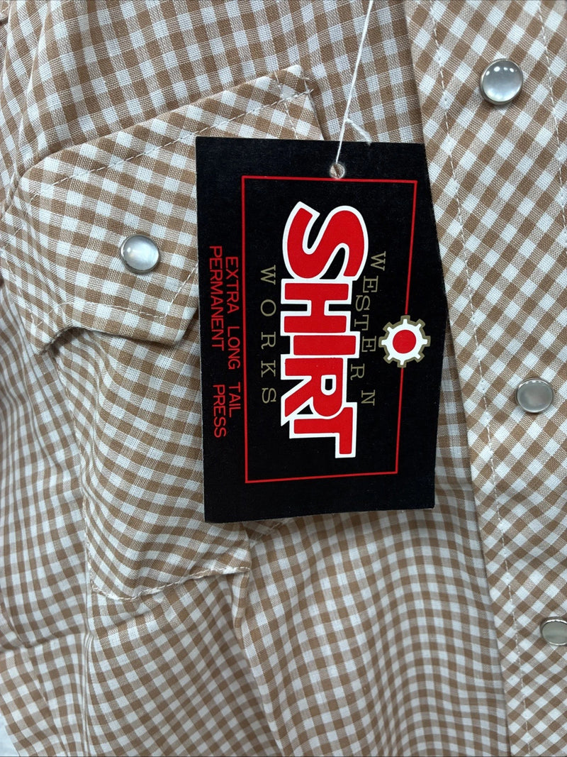 New Mems Western Shirt Brown Checkered Short Sleeve Pearl Snap Small AA-103