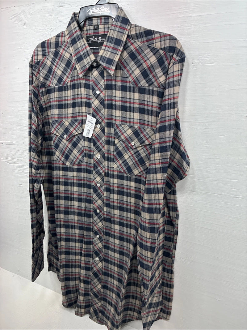 New Men’s White Horse Brown Blue Plaid Long Sleeve Pearl Snap Large Tall X-74