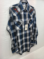 New Men’s ELY Cattleman Blue Gray Plaid Long Sleeve Pearl Snap Medium J-90