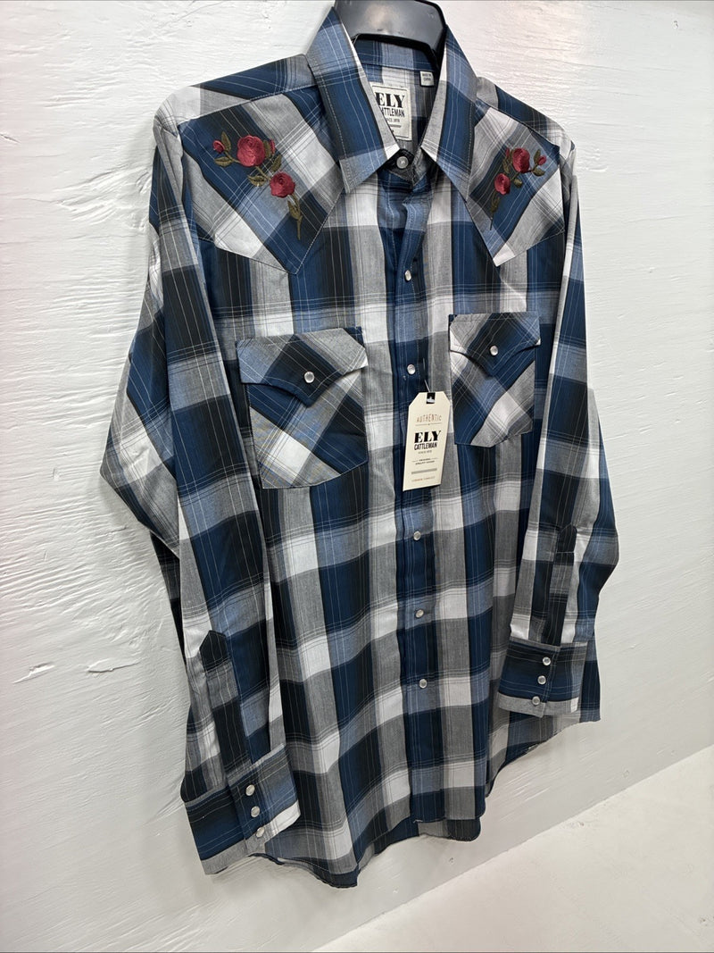 New Men’s ELY Cattleman Blue Gray Plaid Long Sleeve Pearl Snap Medium J-90