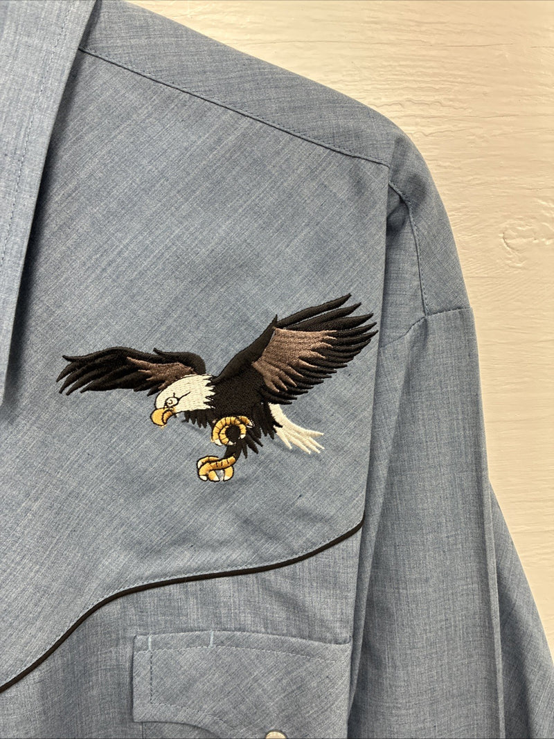 New Men’s ELY Cattleman Blue Eagle Design Long Sleeve Pearl Snap 2XL H-54