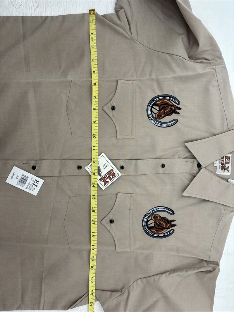 New Men’s ELY Cattleman Tan Horse Design Short Sleeve Pearl Snap Large AA-28