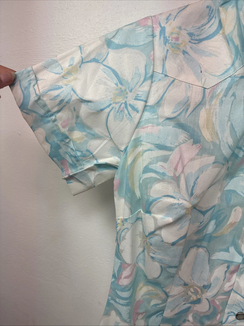 New Women’s H Bar C Blue Floral Short Sleeve Pearl Snap Size 30 DD-155