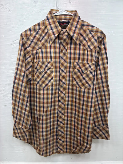 New Men’s Champion Western Yellow Brown Plaid Long Sleeve Pearl Snap Medium O-31