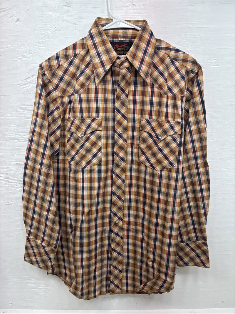 New Men’s Champion Western Yellow Brown Plaid Long Sleeve Pearl Snap Medium O-31