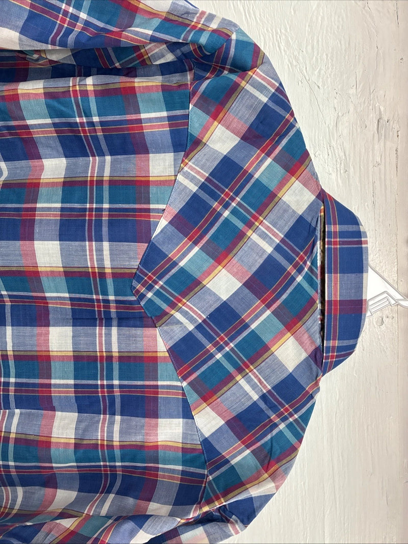 New Men’s ELY Cattleman Blue Plaid Short Sleeve Pearl Snap Medium AA-116 