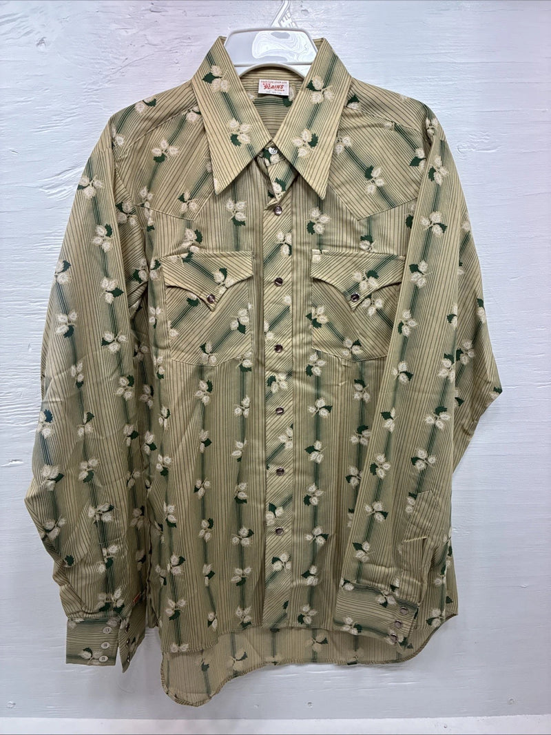 New Men’s ELY Plains Green Tan Floral Long Sleeve Pearl Snap 16.5 Large V-56