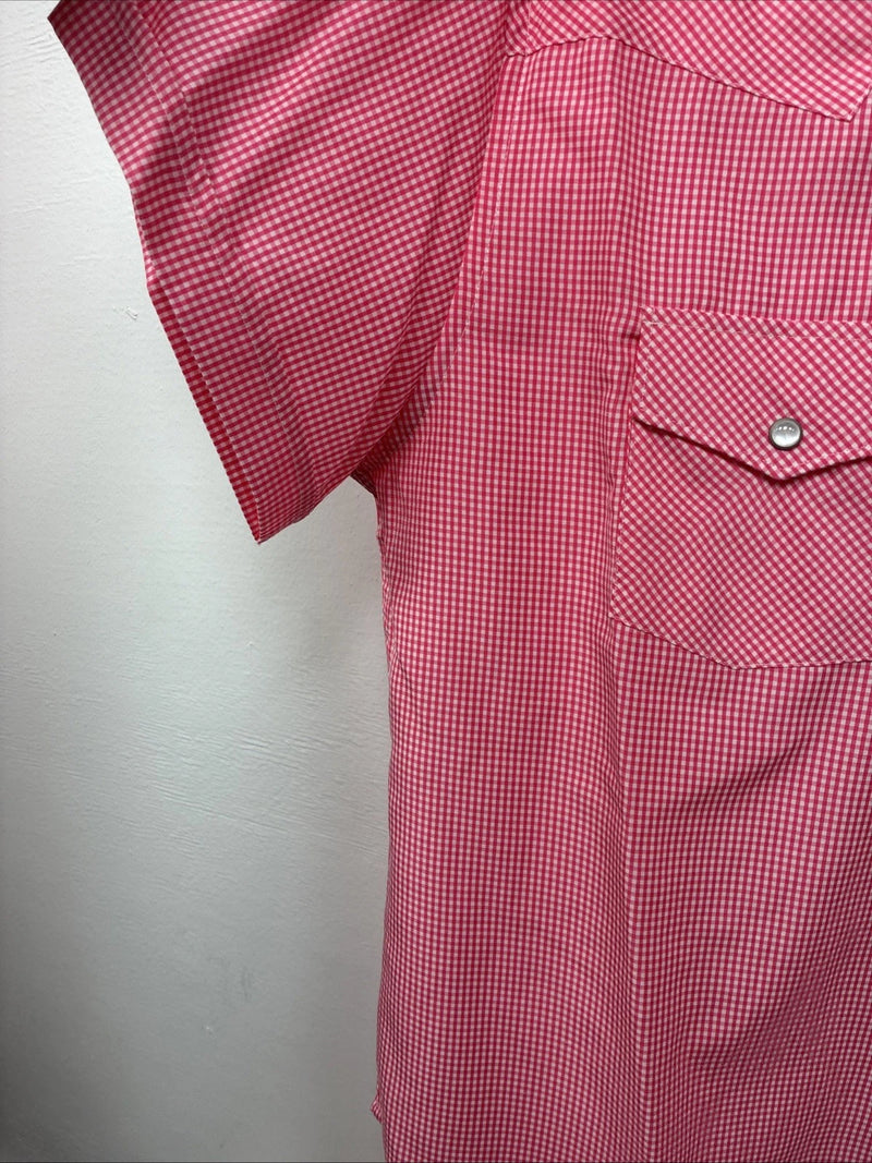 New Women’s White Horse Pink Checker Short Sleeve Pearl Snap Large KK-122