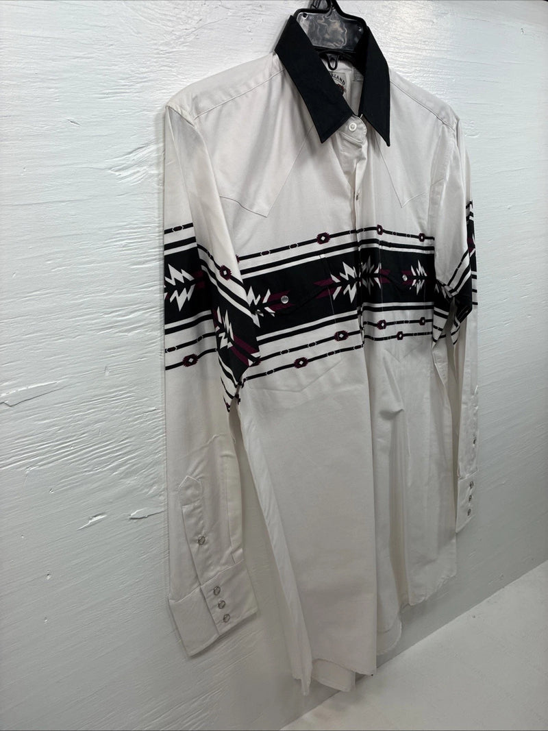 New Men’s Cumberland White Black Design Long Sleeve Pearl Snap Medium K-54