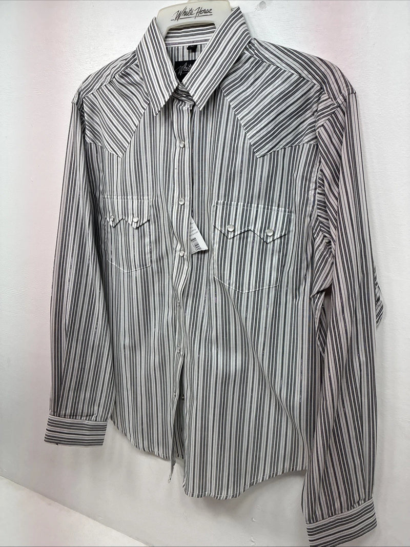New Women’s White Horse Black White Stripe Long Sleeve Pearl Snap Medium LL-80