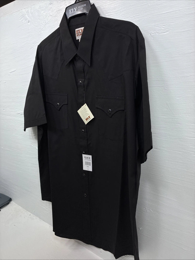 New Men’s ELY Cattleman Simple Black Short Sleeve Pearl Snap 18 2XL K-68