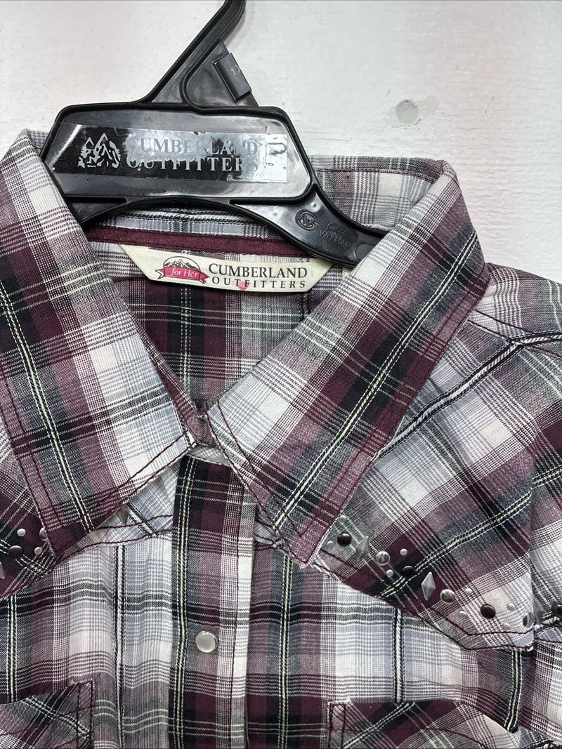 New Women’s Cumberland Purple Plaid Long Sleeve Pearl Snap 1XL GG-31