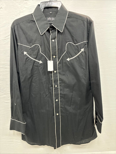 New Men’s White Horse Black Western Long Sleeve Pearl Snap Medium V-5