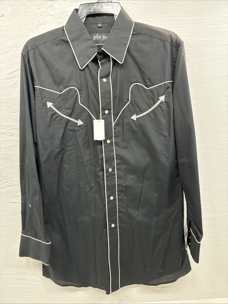 New Men’s White Horse Black Western Long Sleeve Pearl Snap Medium V-5