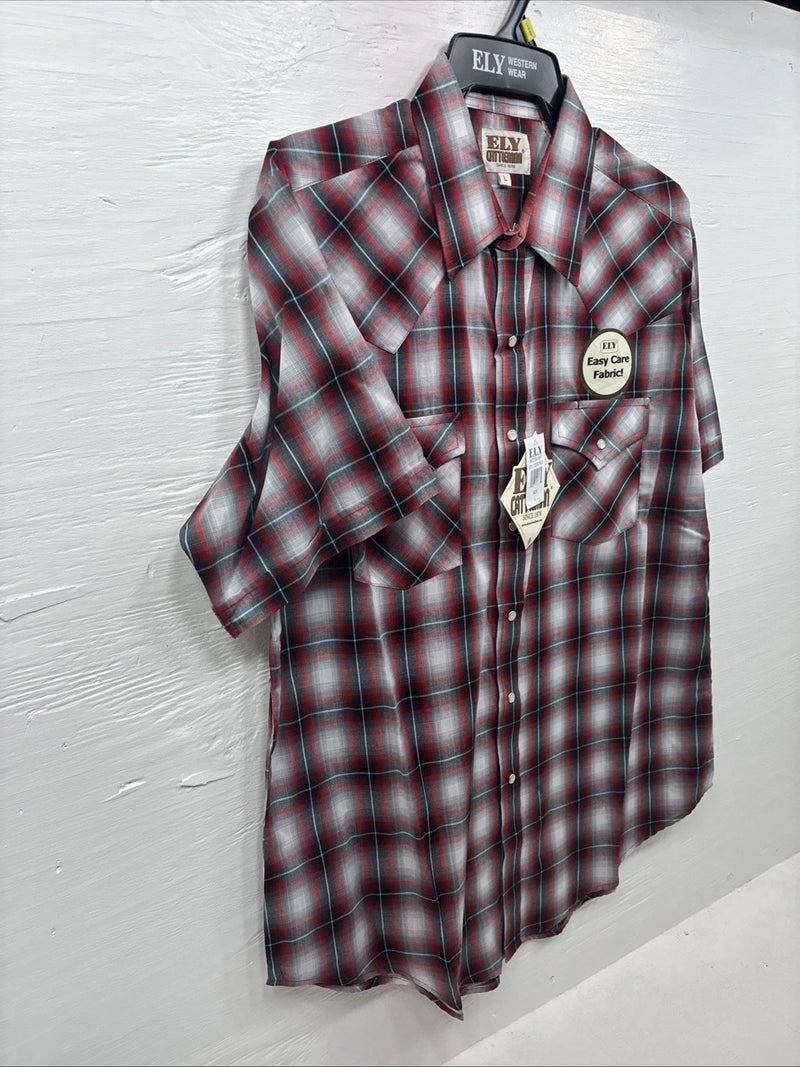 New Men’s ELY Cattleman Red Gray Plaid Short Sleeve Pearl Snap Large X-21