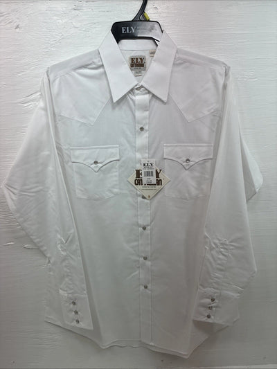 New Men’s ELY Cattleman White Long Sleeve Pearl Snap 16.5 X 34 Large AA-39