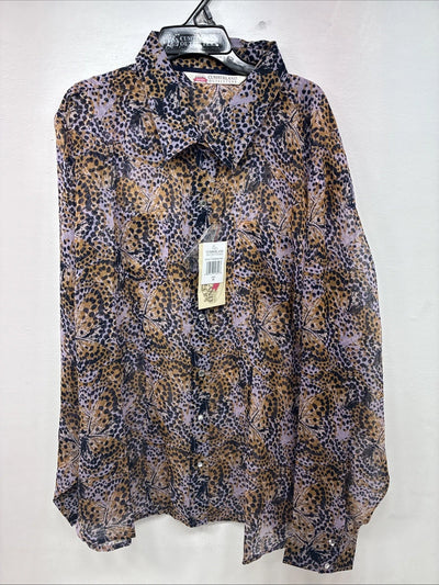 New Women’s Cumberland Purple Yellow Print Long Sleeve Pearl Snap 3XL GG-41