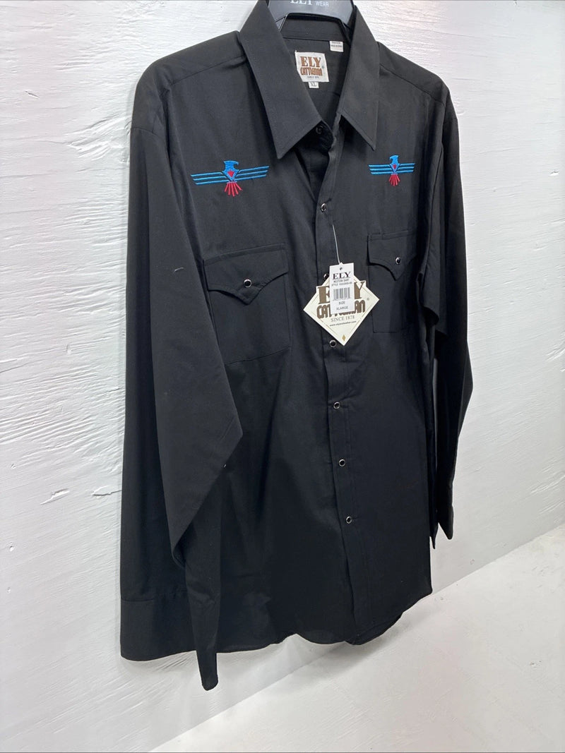 New Men’s ELY Cattleman Black Aztec Design Long Sleeve Pearl Snap XL O-67