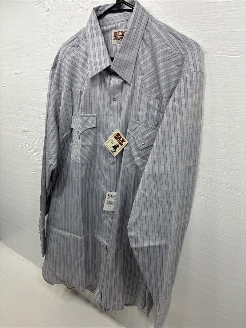 New Men’s ELY Cattleman Gray Stripped Long Sleeve Pearl Snap 18 2XL AA-69