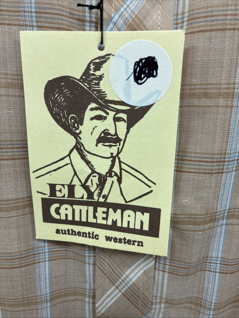 New Men’s ELY Cattleman Tan Plaid Short Sleeve Pearl Snap Medium Short K-70