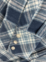 New Men’s White Horse Blue Plaid Long Sleeve Pearl Snap Large V-51