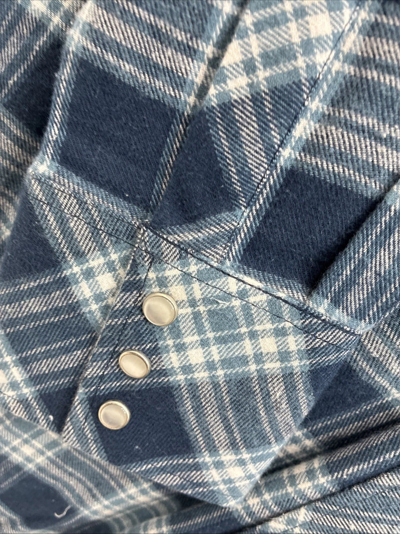 New Men’s White Horse Blue Plaid Long Sleeve Pearl Snap Large V-51