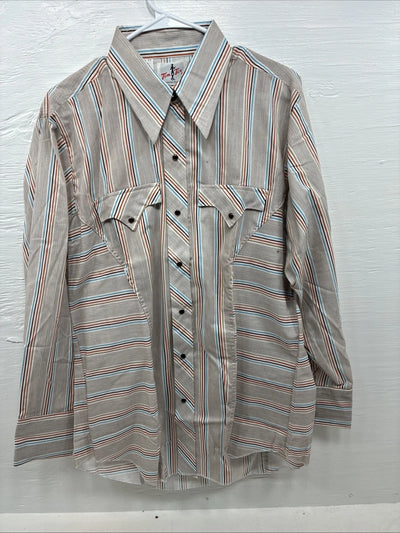 New Men’s Tem Tex Brown Stripe Long Sleeve Pearl Snap 16.5 X 33 Large V-24