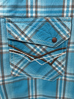 New Men’s ELY 1878 Blue Plaid Short Sleeve Pearl Snap Large X-32
