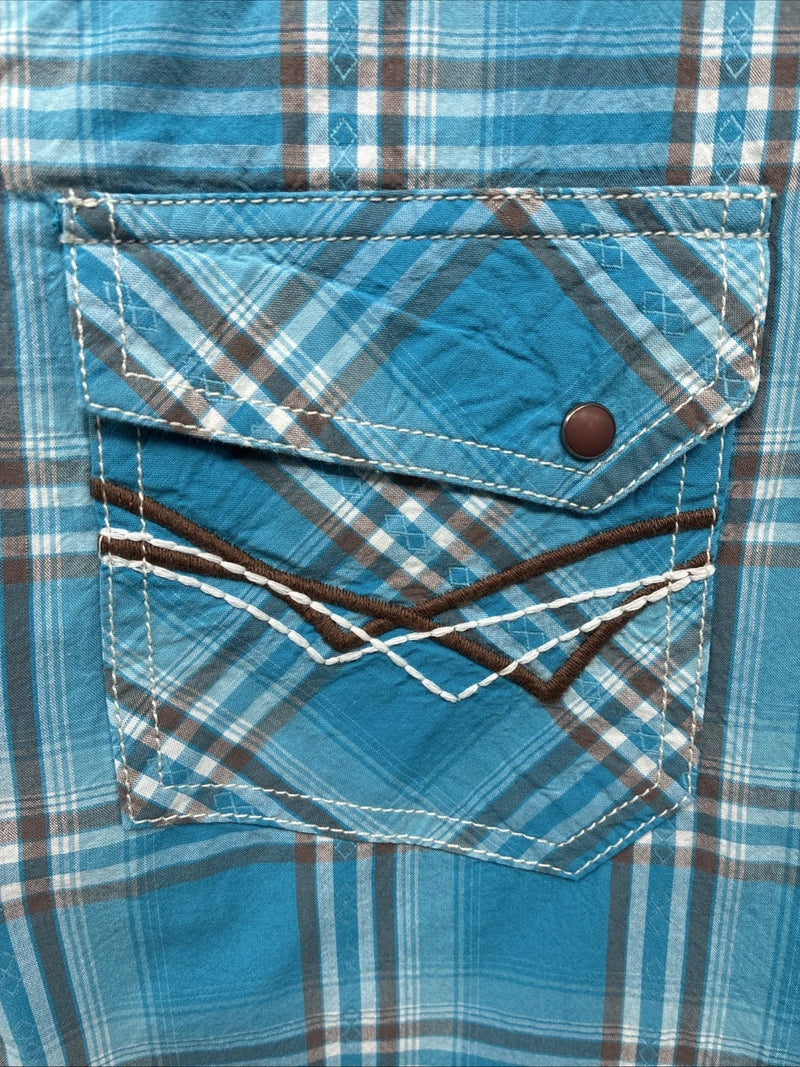 New Men’s ELY 1878 Blue Plaid Short Sleeve Pearl Snap Large X-32