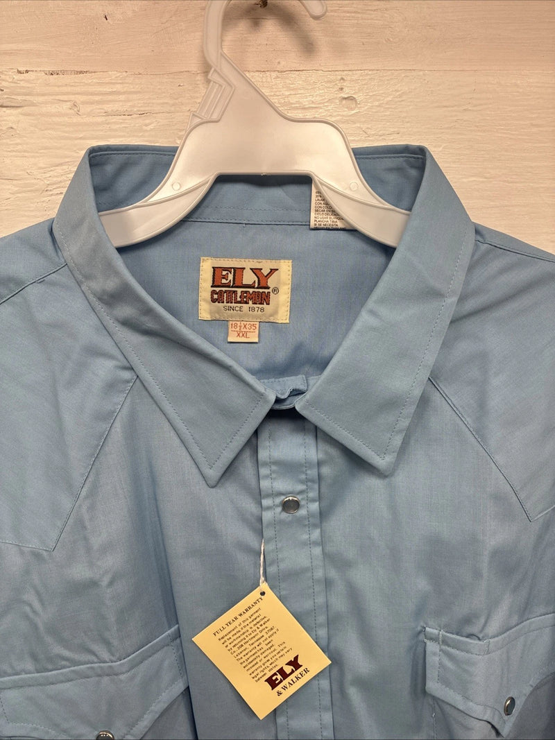 New Men’s ELY Cattleman Blue Short Sleeve Pearl Snap 18.5 X 35 2XL CC-12