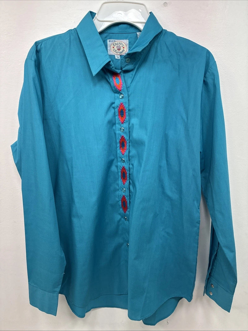 New Women’s Country Charmers Blue Long Sleeve Pearl Snap Large DD-68