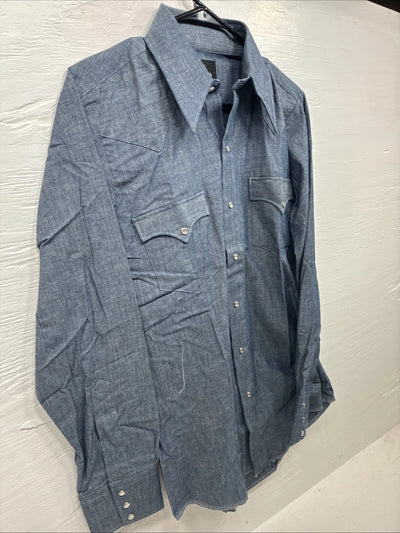 New Men’s Champion Western Blue Design Long Sleeve Pearl Snap 15.5 Medium R-11