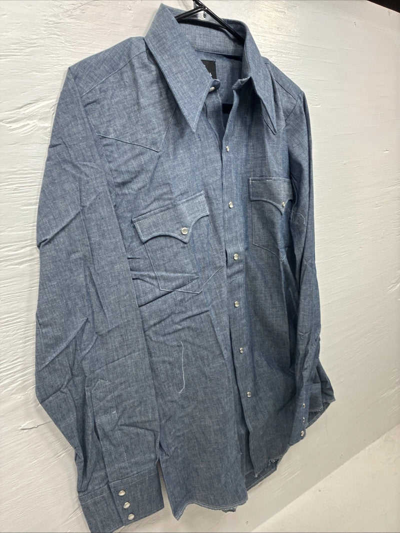New Men’s Champion Western Blue Design Long Sleeve Pearl Snap 15.5 Medium R-11
