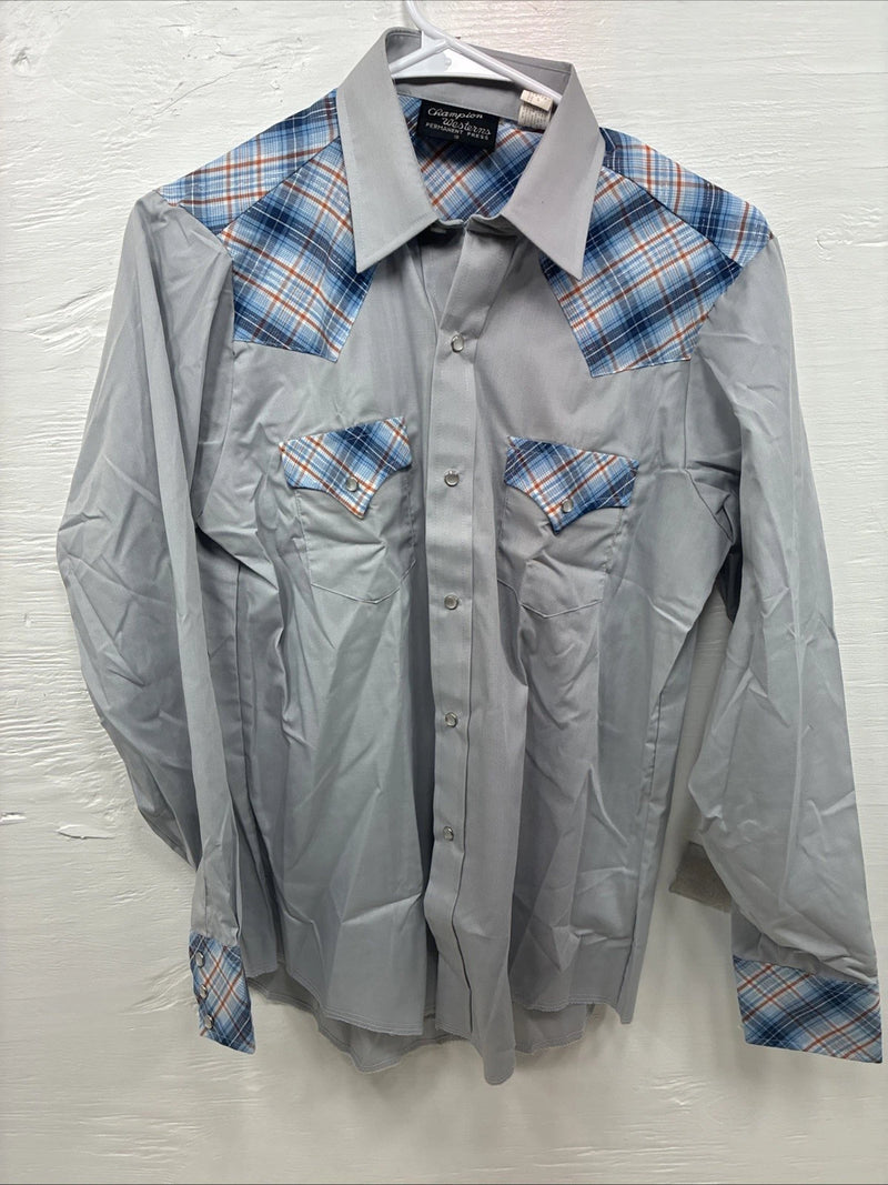 New Kids Champion Western Gray Plaid Long Sleeve Pearl Snap Size 18 CC-107