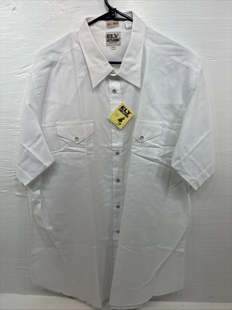 New Men’s ELY Cattleman Simple White Short Sleeve Pearl Snap 18.5 2XL M-74