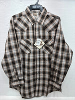 New Men’s ELY Cattleman Brown Plaid Long Sleeve Pearl Snap XL O-42