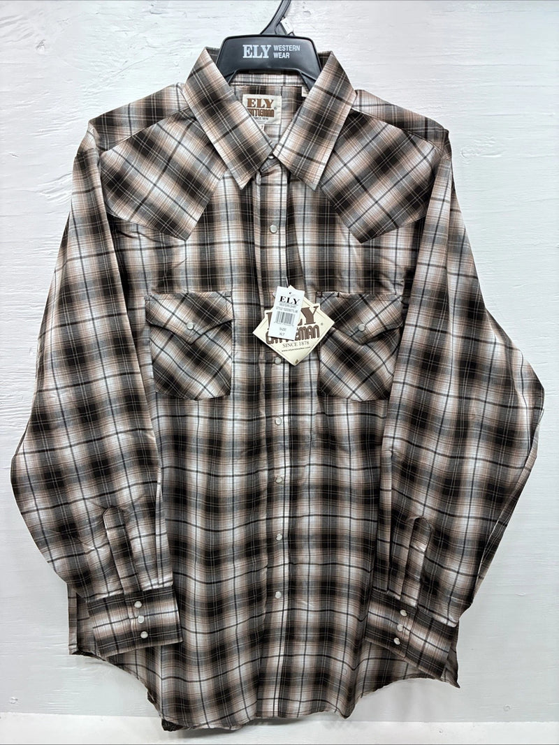 New Men’s ELY Cattleman Brown Plaid Long Sleeve Pearl Snap XL O-42