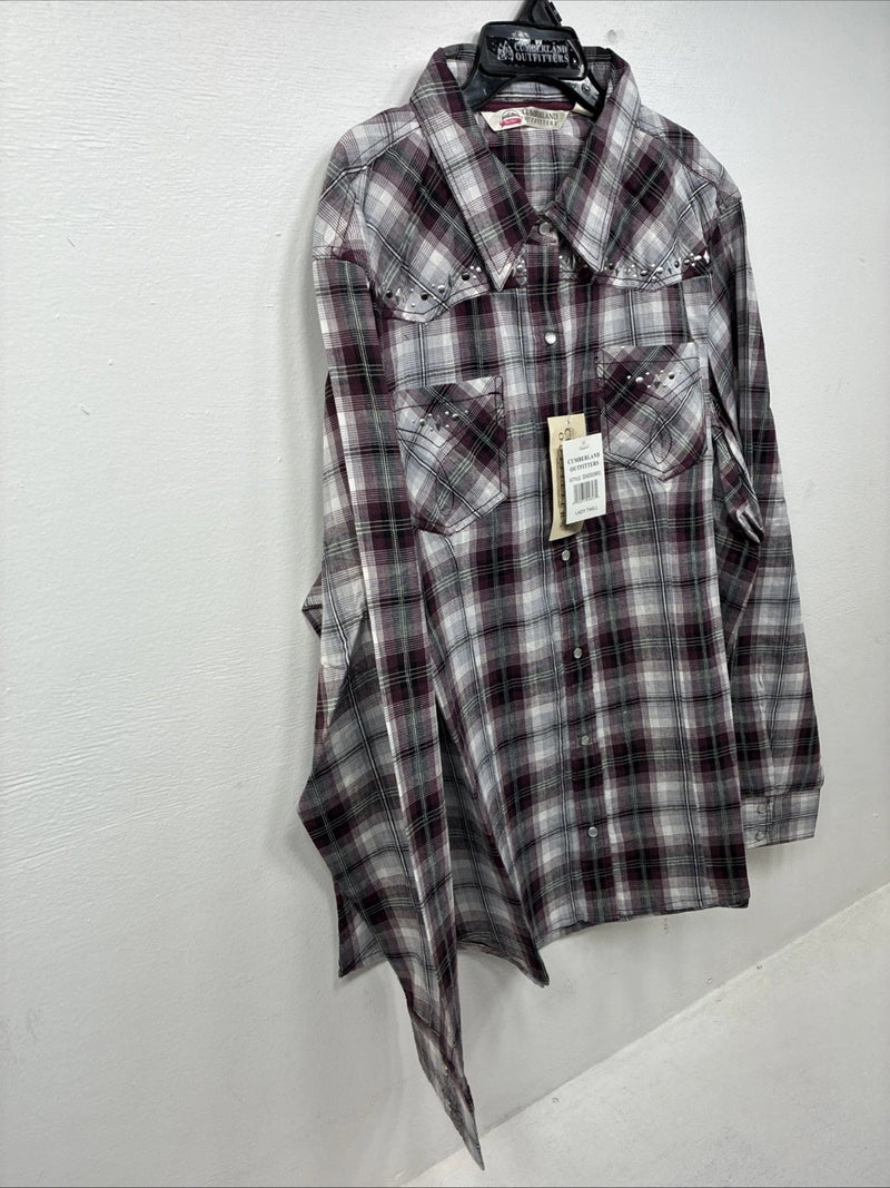 New Women’s Cumberland Purple Plaid Long Sleeve Pearl Snap 3XL GG-25