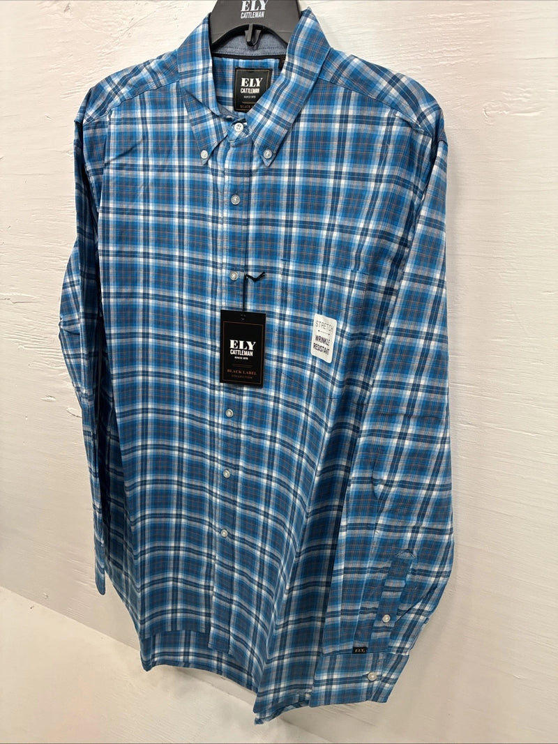 New Men’s ELY Cattleman Blue Plaid Long Sleeve Pearl Button Up Large CC-19