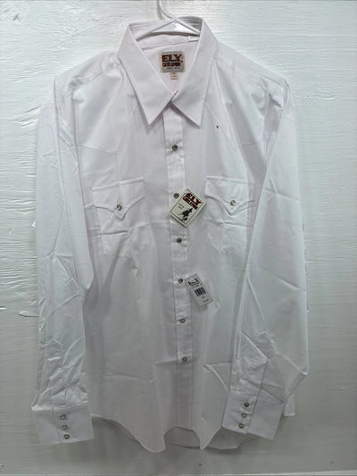 New Men’s ELY Cattleman White Long Sleeve Pearl Snap 16.5 X 36 Large X-105