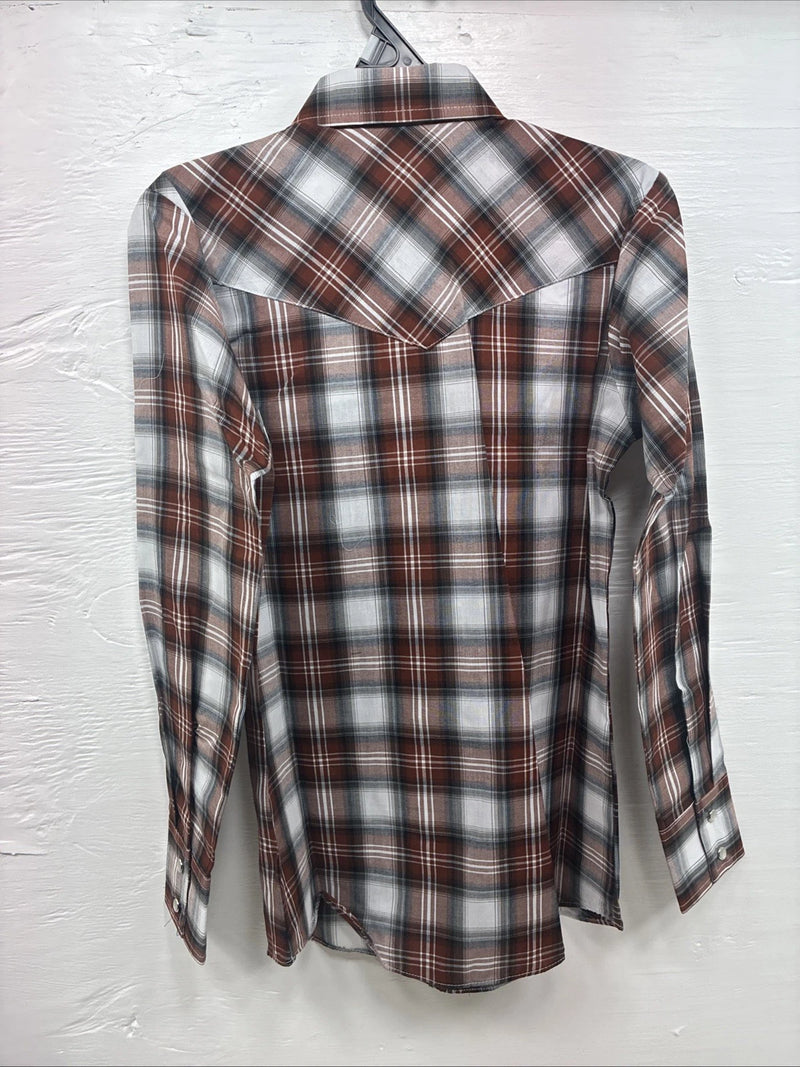 New Kids ELY Cattleman Orange Plaid Long Sleeve Pearl Snap Size 12 DD-37